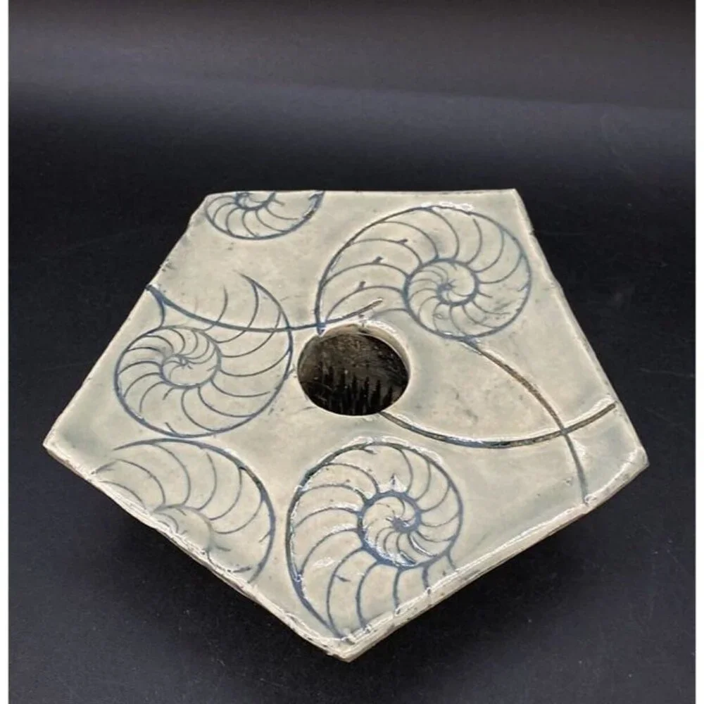 Studio Pottery Ikebana Flower Frog Vase Nautilus Sea Shell Nautical